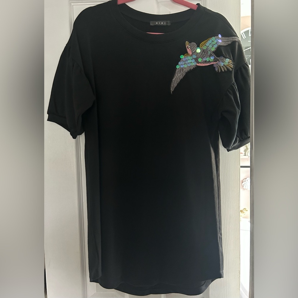 Kiki Sequin Bird Appliqué Black Dress Size S with Headband